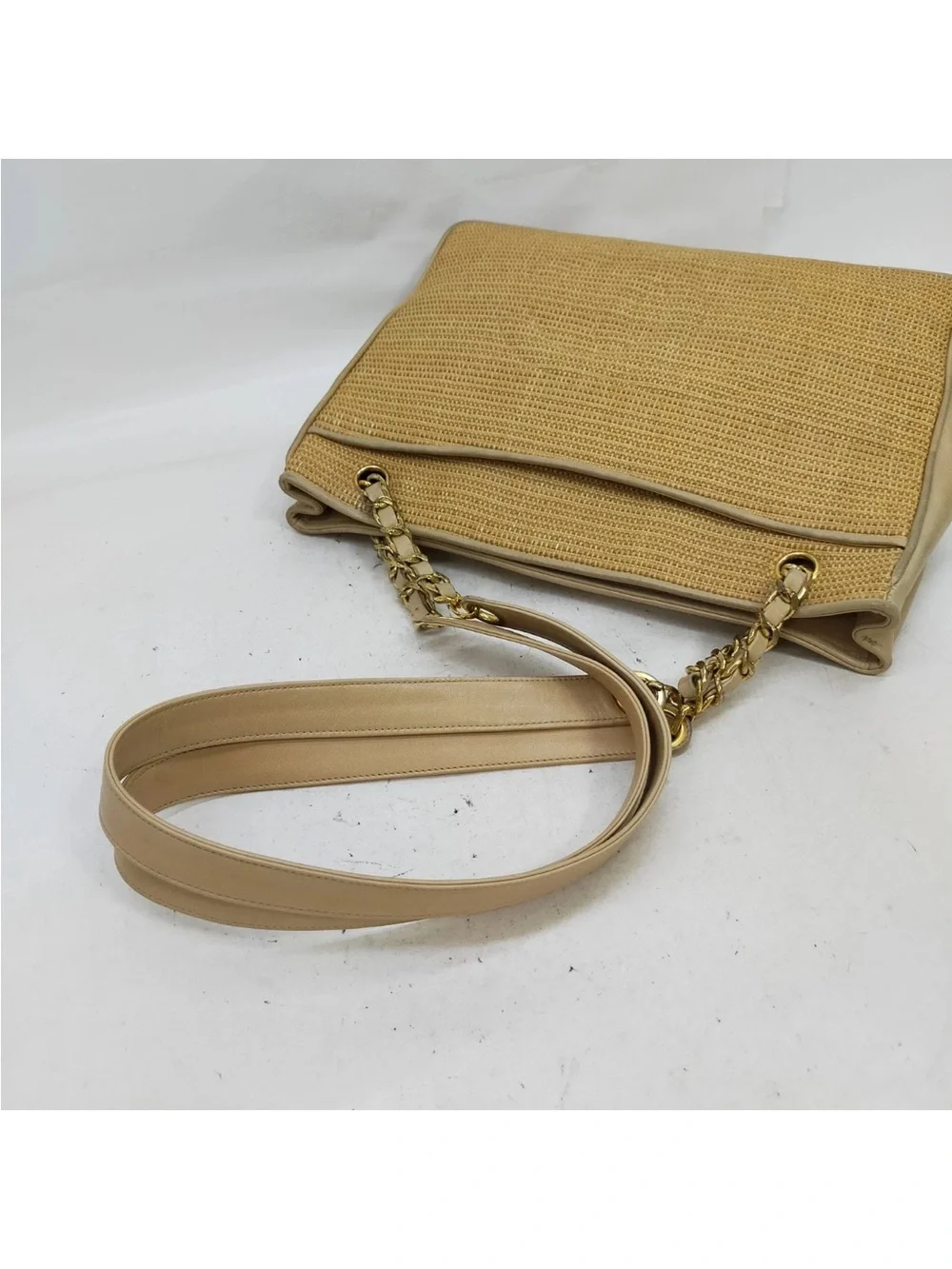 CHANEL Raffia & Leather Chain Tote Bag Beige Gold Shoulder Bag